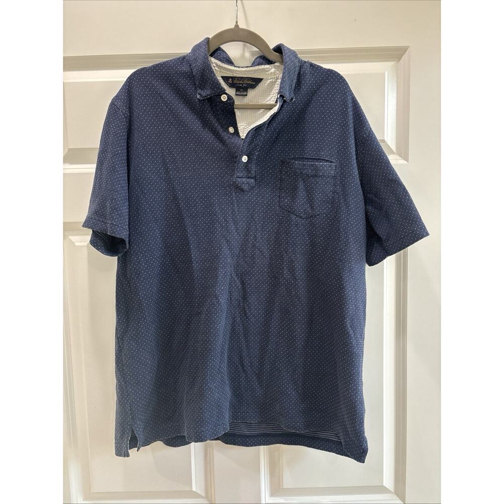 Brooks Brothers Men's Large Pure Cotton Polka Dot Navy Blue Pocket Polo Shirt